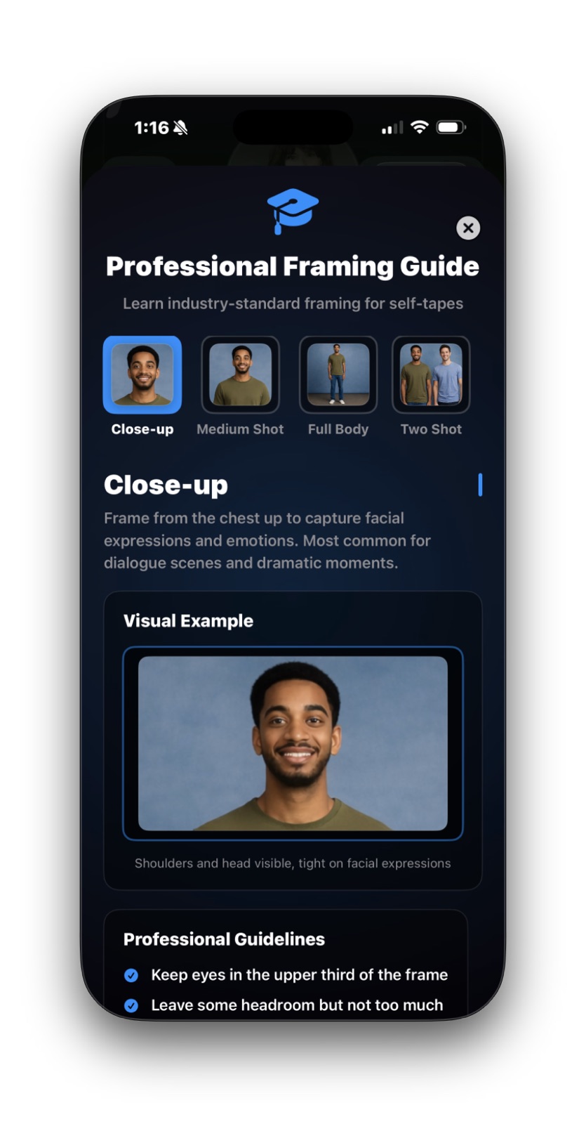 ActorKit Professional Framing Guide screen showing close-up framing examples and guidelines