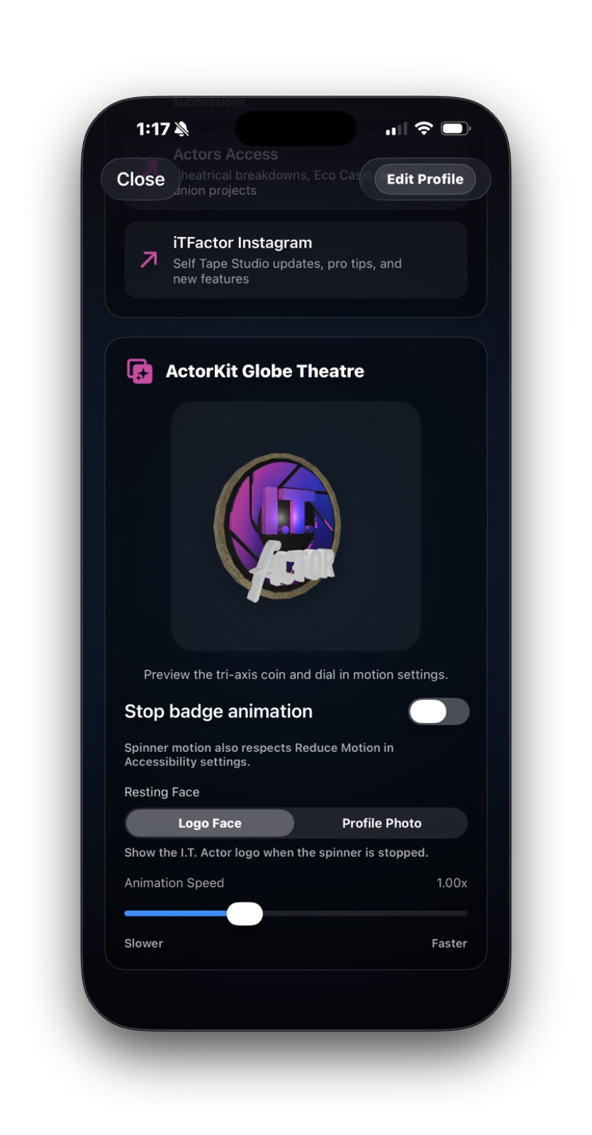 ActorKit Globe Theatre section showing spinner controls for stop animation, resting face, and animation speed