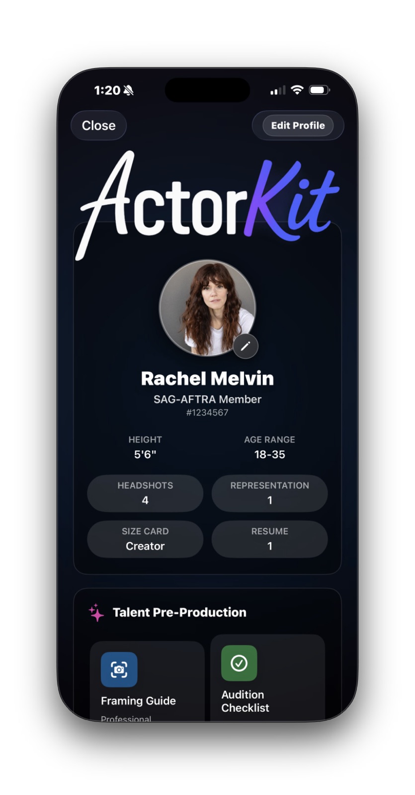 ActorKit overview screen showing a headshot, union status, quick profile stats, and shortcut buttons
