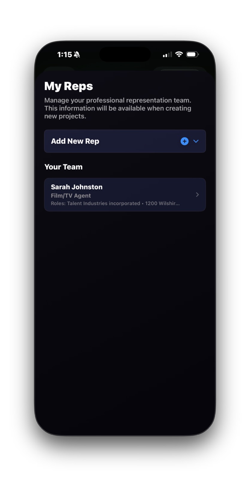 ActorKit My Reps screen showing a saved Film or TV agent and the Add New Rep control