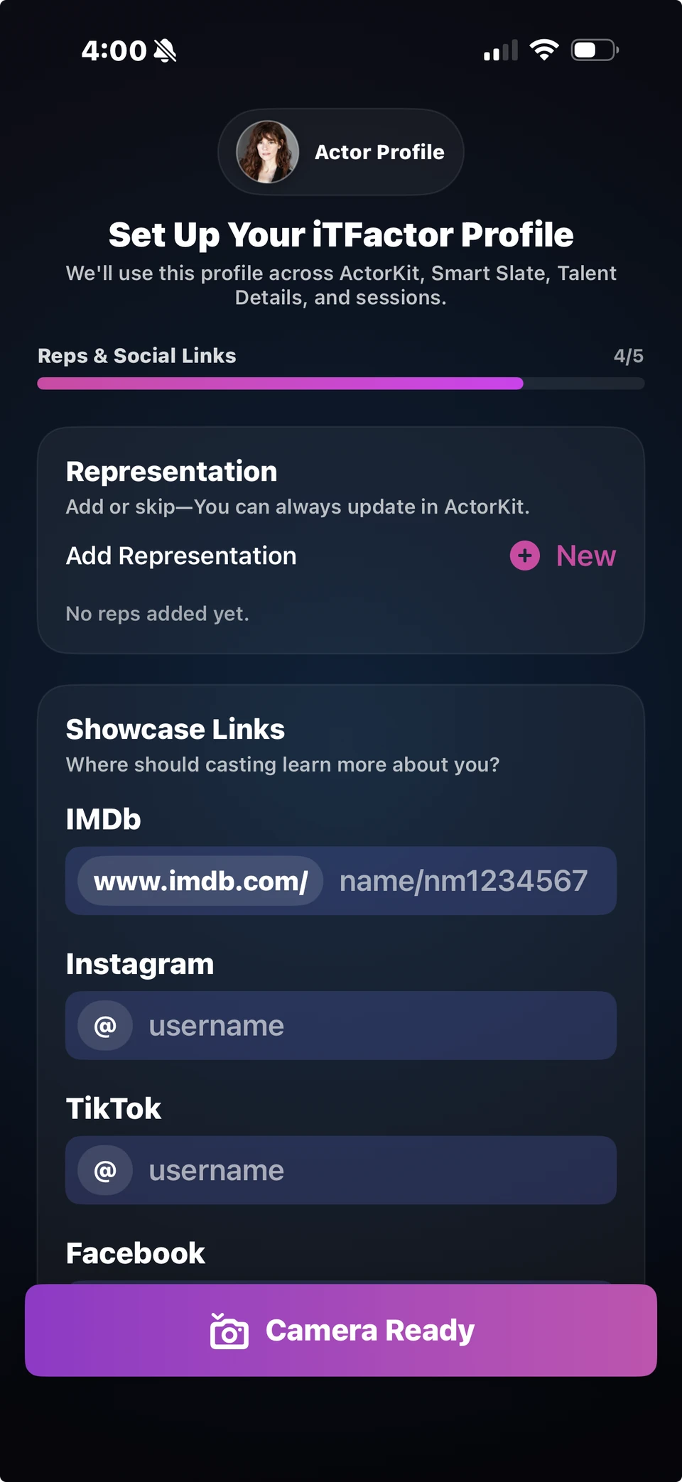 iT Factor Representation and Links screen showing representation, IMDb, and social link options