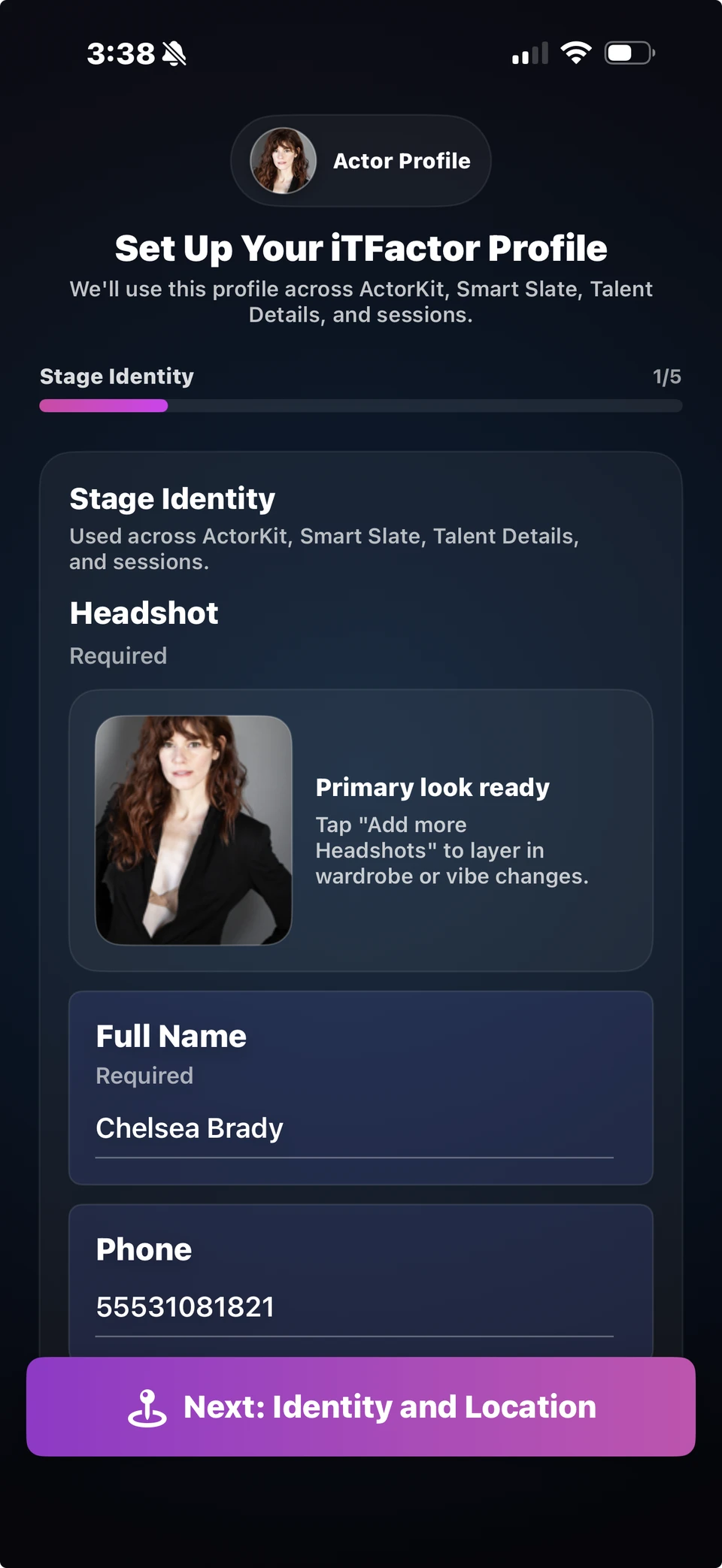 iT Factor Actor Profile Wizard showing stage identity setup with headshot and name