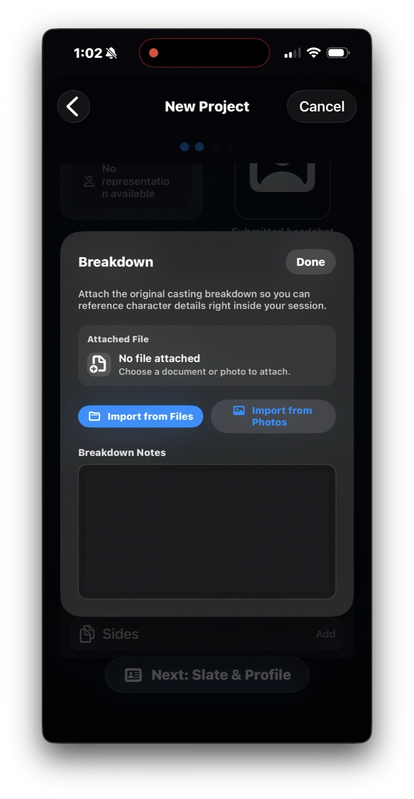 iT Factor New Project Wizard showing the Breakdown sheet with options to import from files or photos and add notes