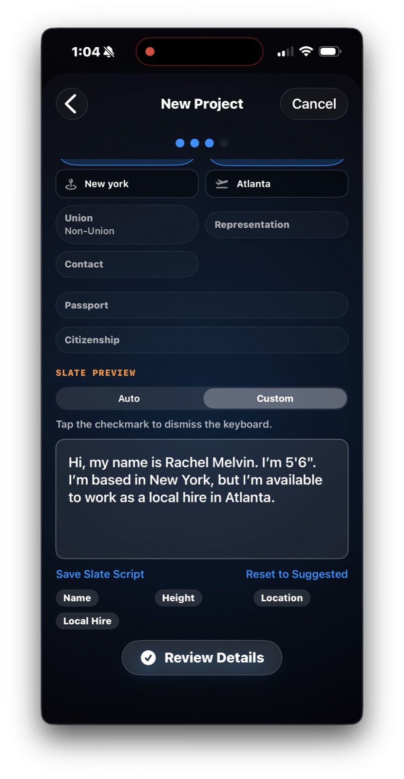 iT Factor New Project Wizard showing the Custom slate preview editor with save and reset options