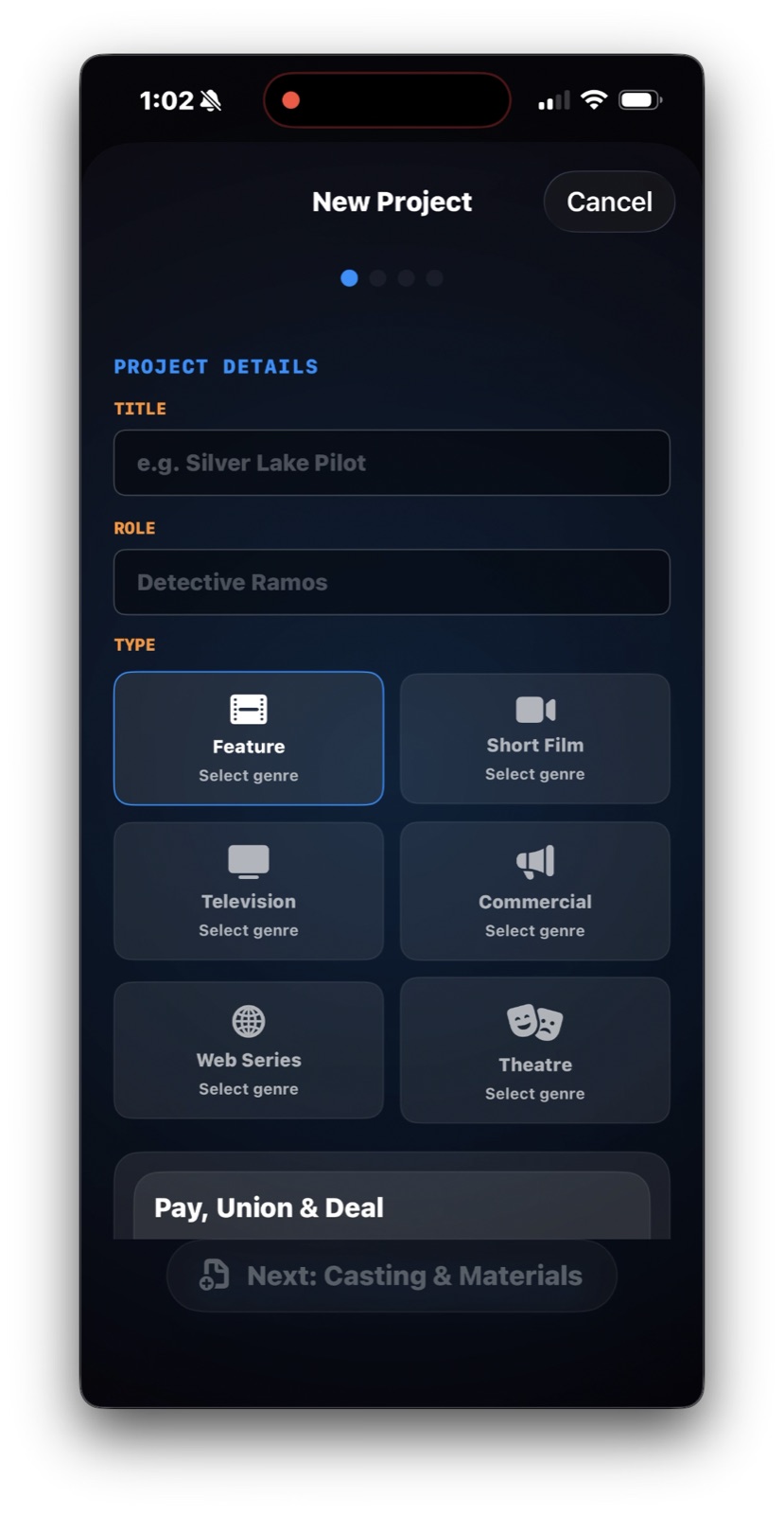 iT Factor New Project Wizard showing the Project Details step with title, role, and project type