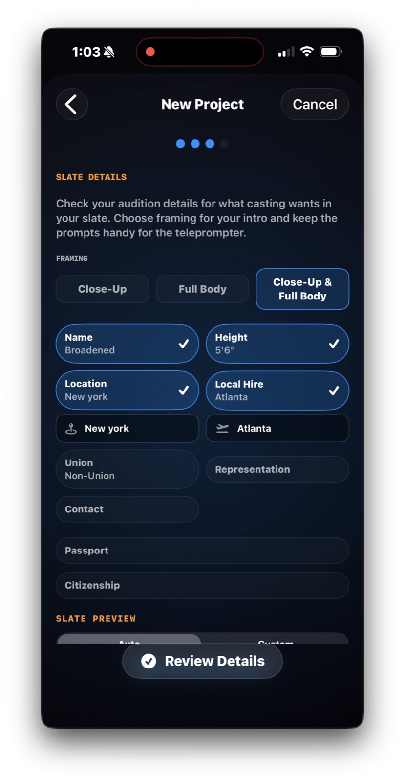 iT Factor New Project Wizard showing framing choices, selected slate items, and the start of the slate preview