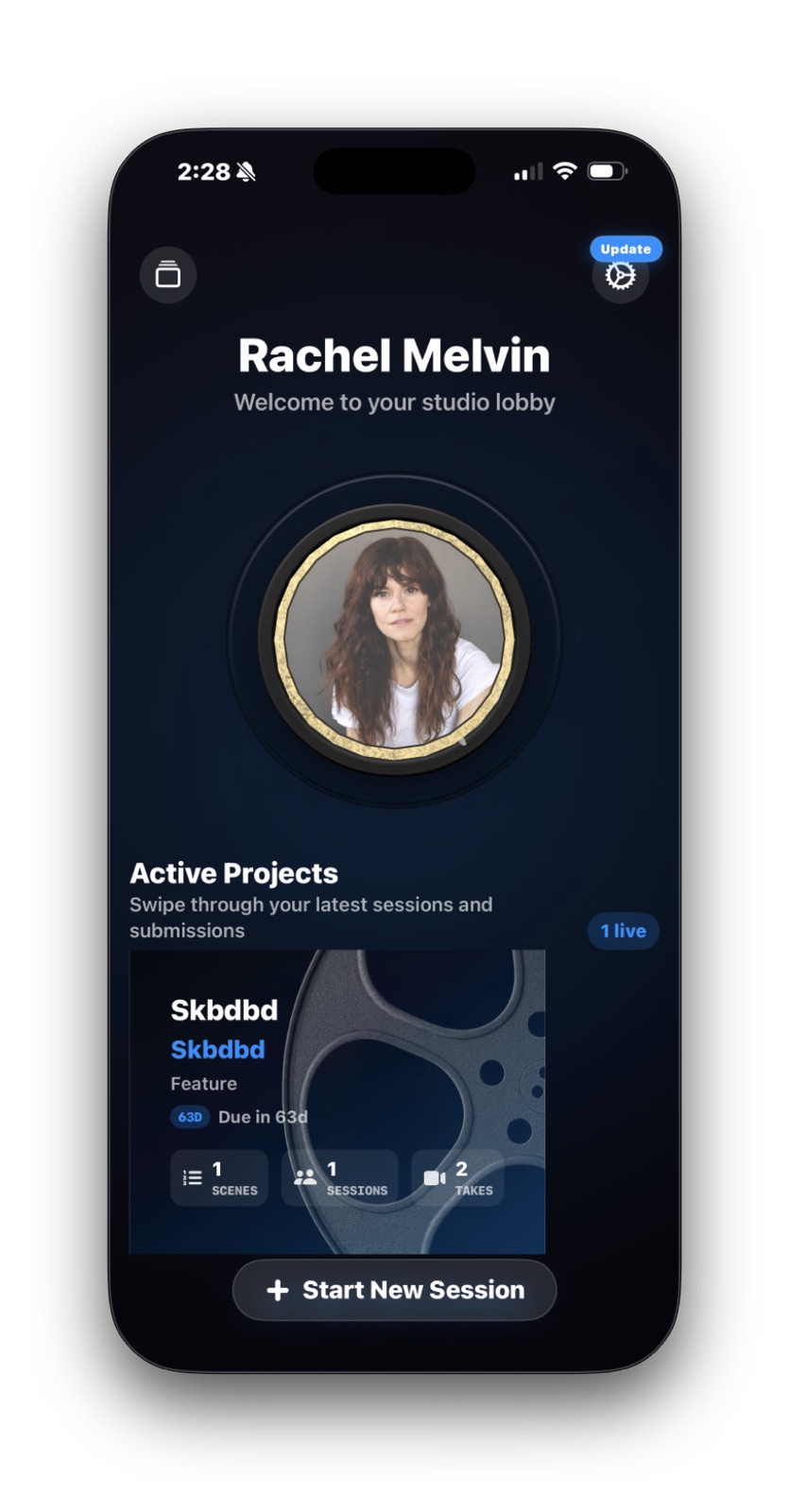 iT Factor home screen showing an active project and the Start New Session button
