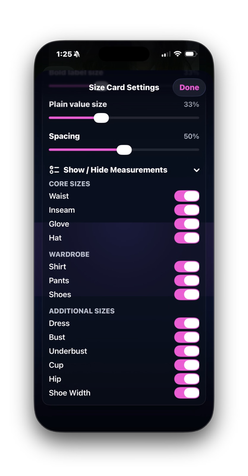 Size Card Settings screen showing switches for core sizes, wardrobe items, and additional measurements