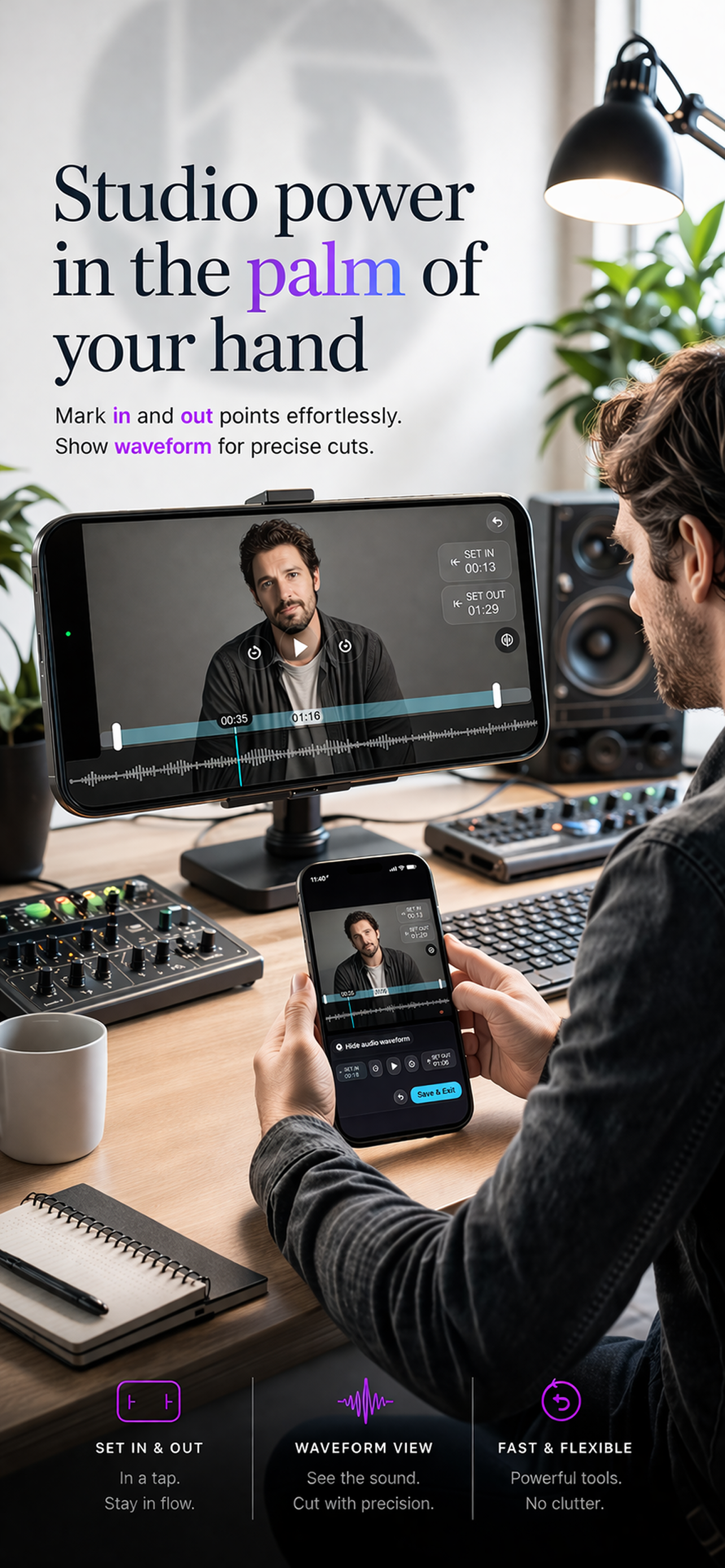 Editor marketing image showing in and out point trimming and waveform editing