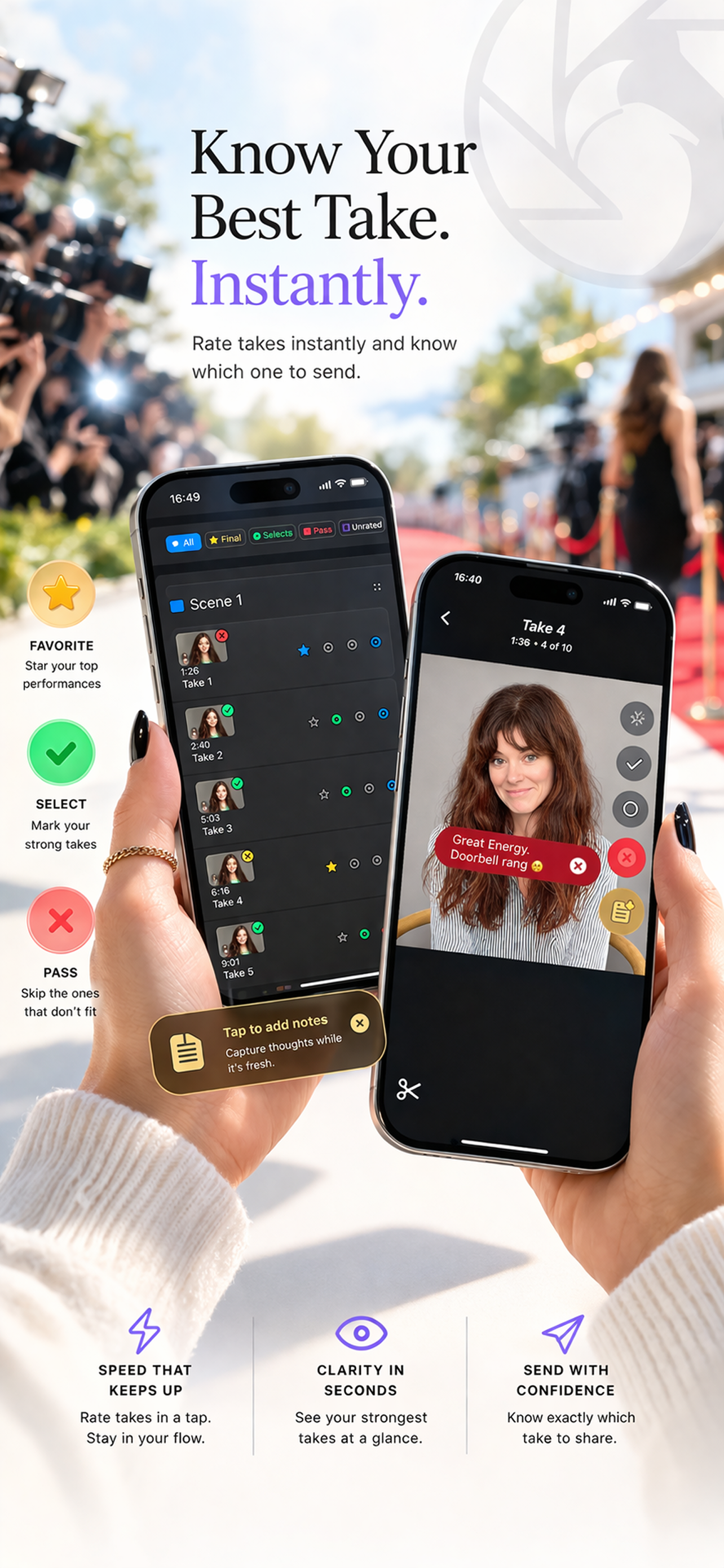 Ratings marketing image showing instant take review and selection