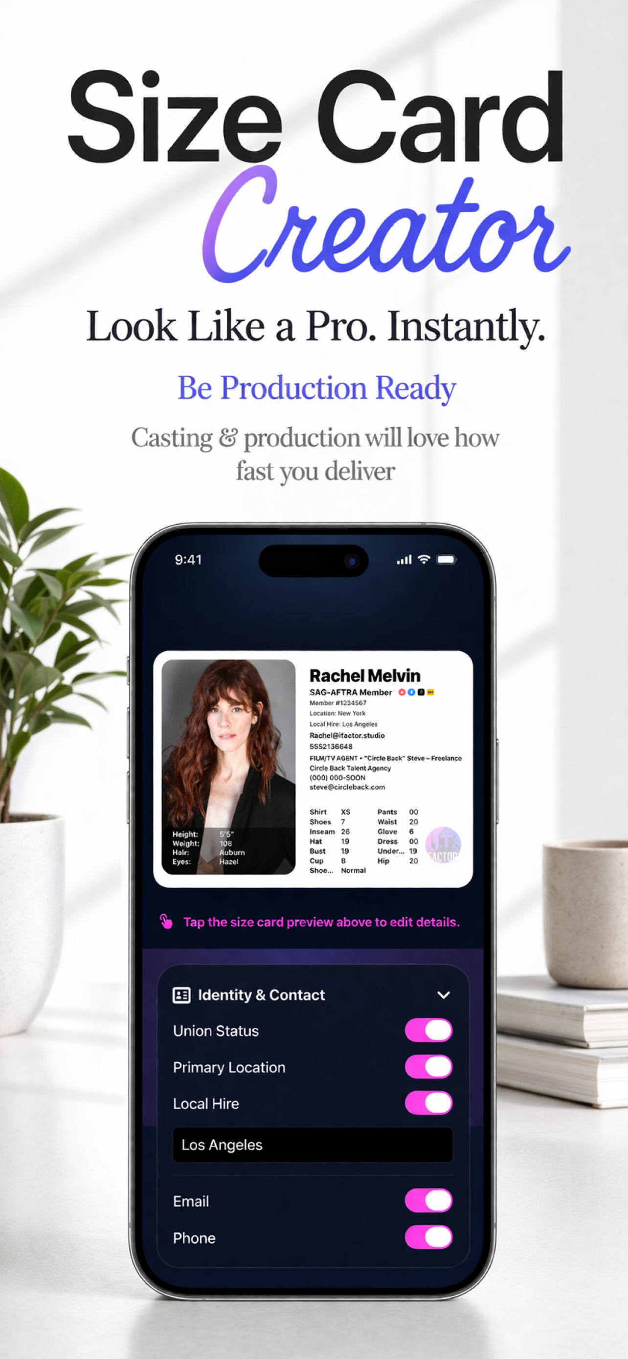 Size Card Creator marketing image showing instant professional size card creation