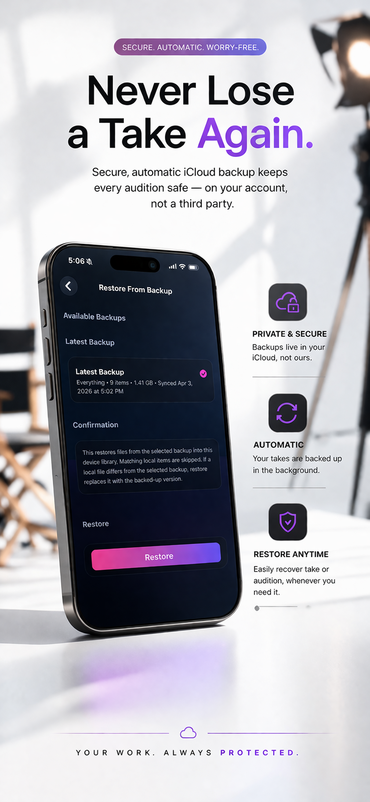 iCloud backup marketing image showing secure automatic backup restoration