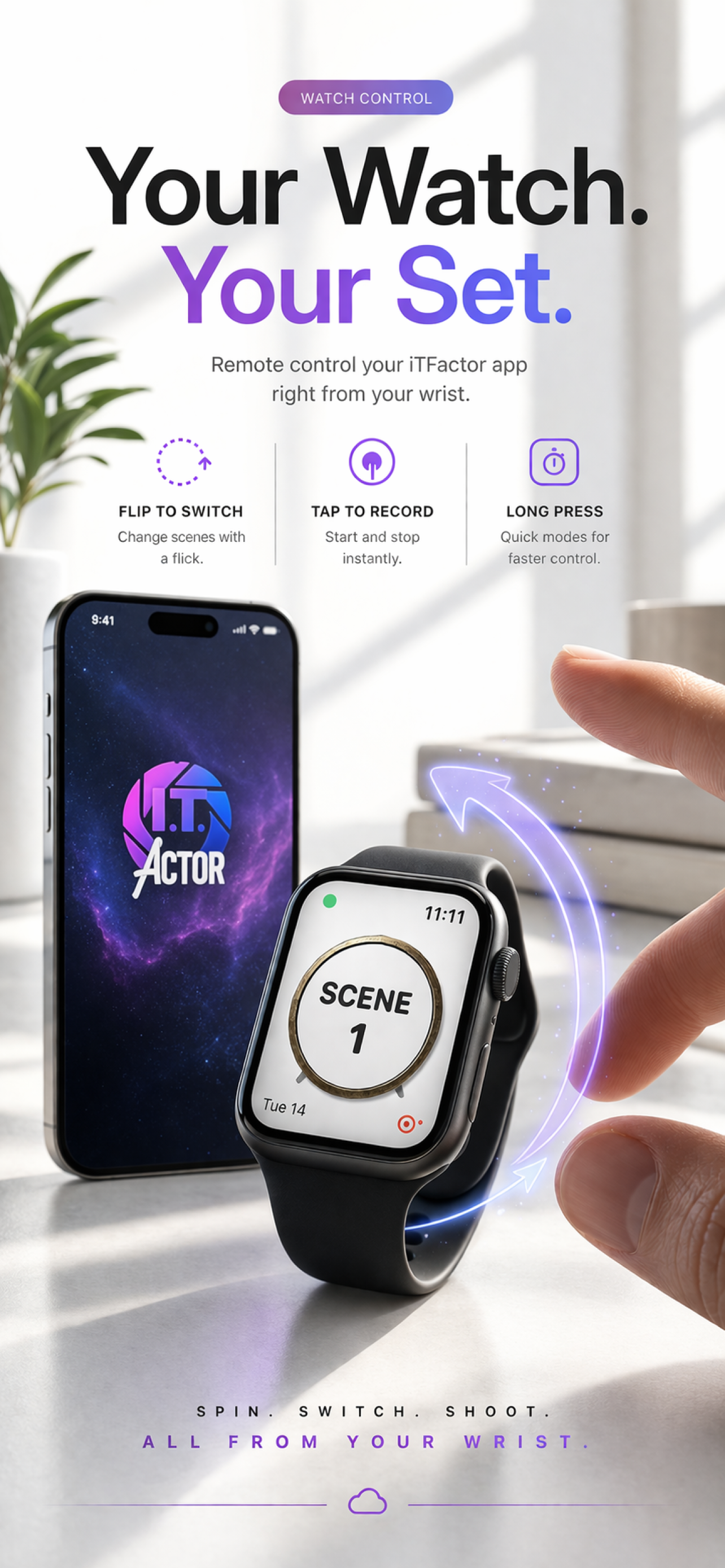 Apple Watch control marketing image showing remote control for the iT Factor app